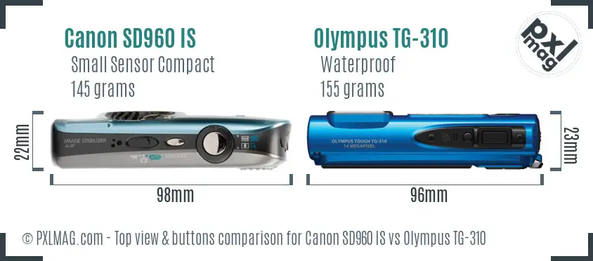 Canon SD960 IS vs Olympus TG-310 top view buttons comparison Canon SD960 IS vs Olympus TG-310 top view buttons comparison