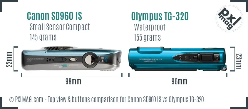 Canon SD960 IS vs Olympus TG-320 top view buttons comparison Canon SD960 IS vs Olympus TG-320 top view buttons comparison