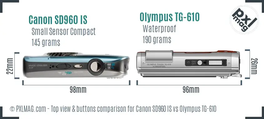 Canon SD960 IS vs Olympus TG-610 top view buttons comparison
