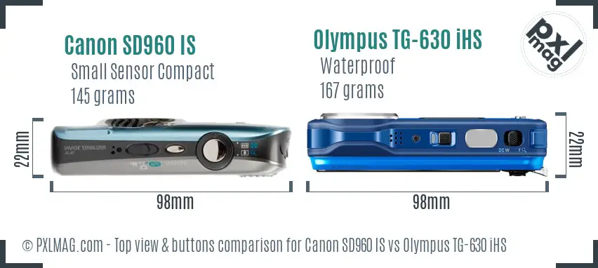 Canon SD960 IS vs Olympus TG-630 iHS top view buttons comparison