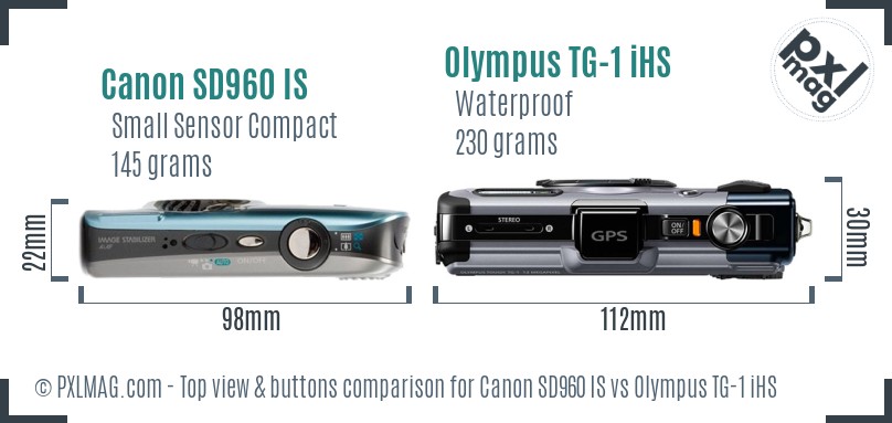 Canon SD960 IS vs Olympus TG-1 iHS top view buttons comparison