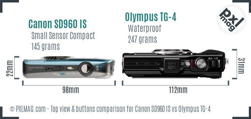 Canon SD960 IS vs Olympus TG-4 top view buttons comparison