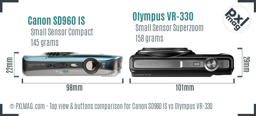 Canon SD960 IS vs Olympus VR-330 top view buttons comparison Canon SD960 IS vs Olympus VR-330 top view buttons comparison