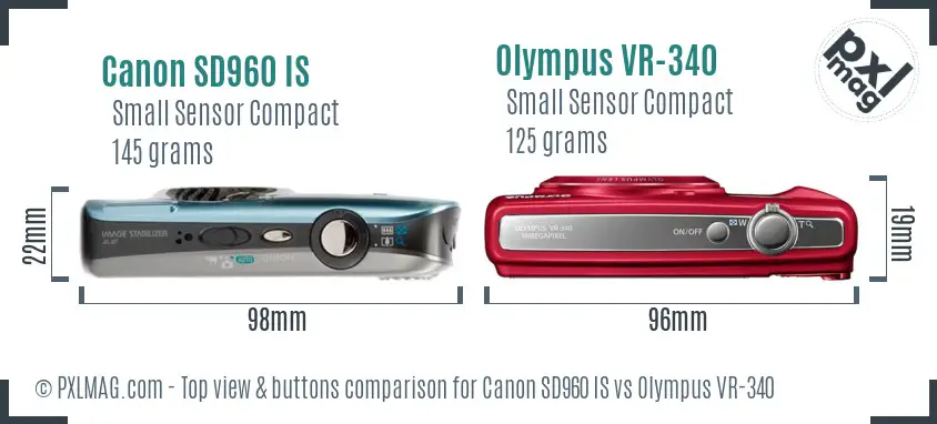 Canon SD960 IS vs Olympus VR-340 top view buttons comparison