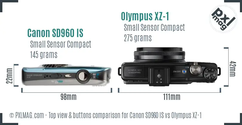 Canon SD960 IS vs Olympus XZ-1 top view buttons comparison Canon SD960 IS vs Olympus XZ-1 top view buttons comparison