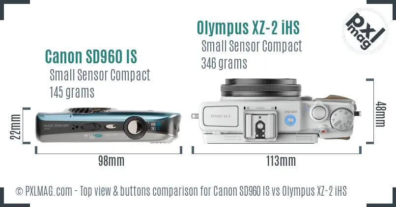 Canon SD960 IS vs Olympus XZ-2 iHS top view buttons comparison