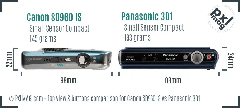 Canon SD960 IS vs Panasonic 3D1 top view buttons comparison Canon SD960 IS vs Panasonic 3D1 top view buttons comparison