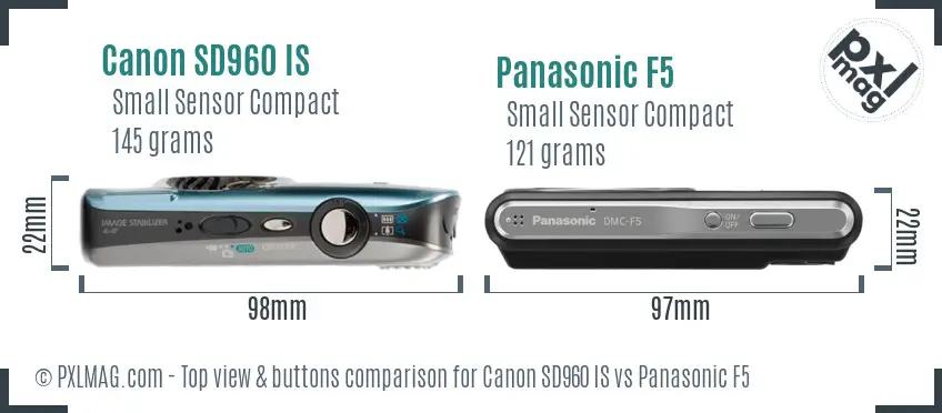 Canon SD960 IS vs Panasonic F5 top view buttons comparison Canon SD960 IS vs Panasonic F5 top view buttons comparison