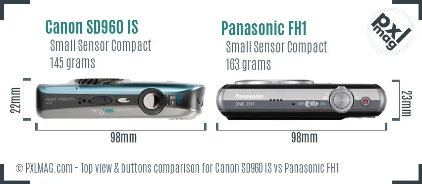 Canon SD960 IS vs Panasonic FH1 top view buttons comparison Canon SD960 IS vs Panasonic FH1 top view buttons comparison