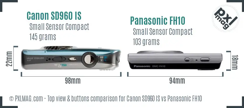 Canon SD960 IS vs Panasonic FH10 top view buttons comparison Canon SD960 IS vs Panasonic FH10 top view buttons comparison
