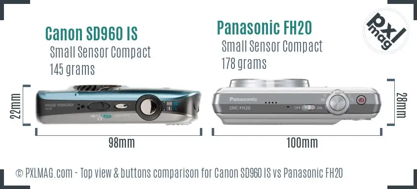 Canon SD960 IS vs Panasonic FH20 top view buttons comparison Canon SD960 IS vs Panasonic FH20 top view buttons comparison