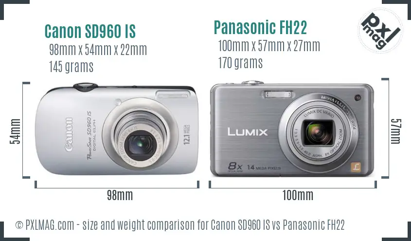 Canon SD960 IS vs Panasonic FH22 size comparison