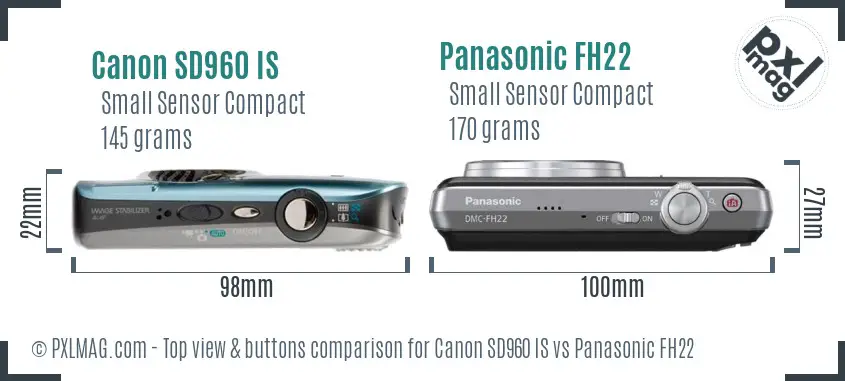 Canon SD960 IS vs Panasonic FH22 top view buttons comparison