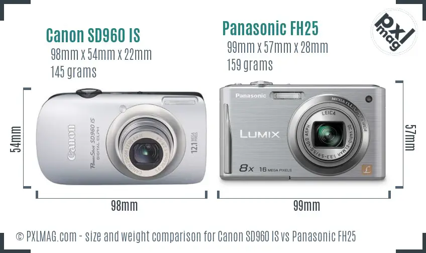 Canon SD960 IS vs Panasonic FH25 size comparison