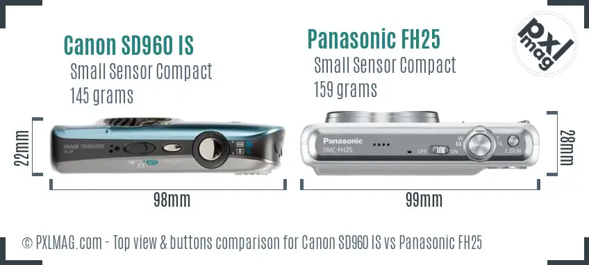 Canon SD960 IS vs Panasonic FH25 top view buttons comparison