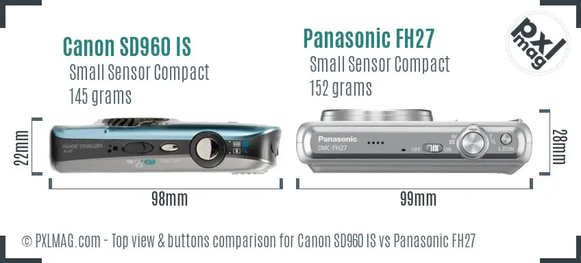 Canon SD960 IS vs Panasonic FH27 top view buttons comparison