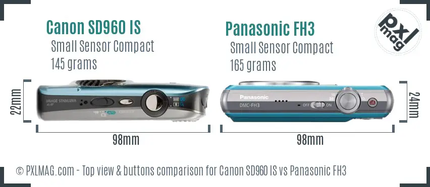 Canon SD960 IS vs Panasonic FH3 top view buttons comparison