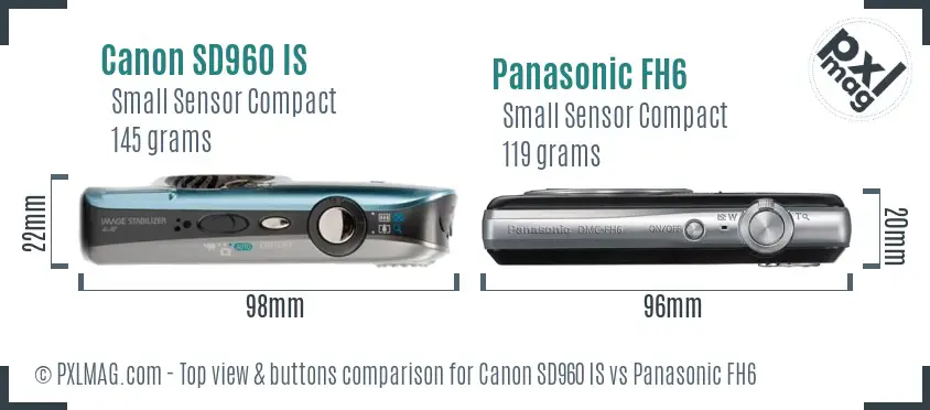 Canon SD960 IS vs Panasonic FH6 top view buttons comparison