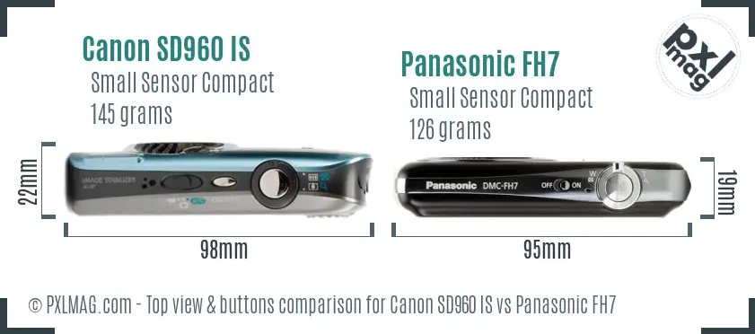 Canon SD960 IS vs Panasonic FH7 top view buttons comparison Canon SD960 IS vs Panasonic FH7 top view buttons comparison