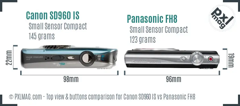 Canon SD960 IS vs Panasonic FH8 top view buttons comparison