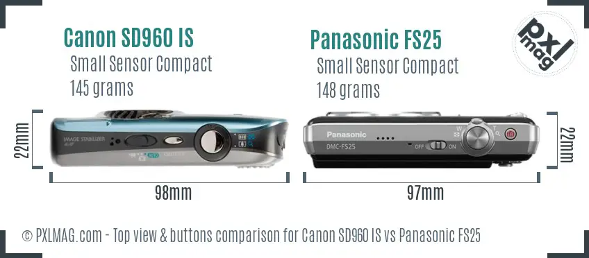Canon SD960 IS vs Panasonic FS25 top view buttons comparison Canon SD960 IS vs Panasonic FS25 top view buttons comparison