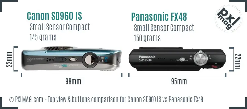 Canon SD960 IS vs Panasonic FX48 top view buttons comparison Canon SD960 IS vs Panasonic FX48 top view buttons comparison