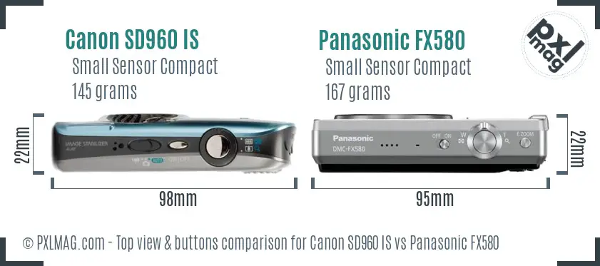 Canon SD960 IS vs Panasonic FX580 top view buttons comparison