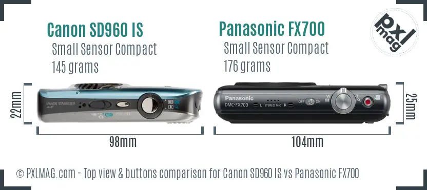 Canon SD960 IS vs Panasonic FX700 top view buttons comparison