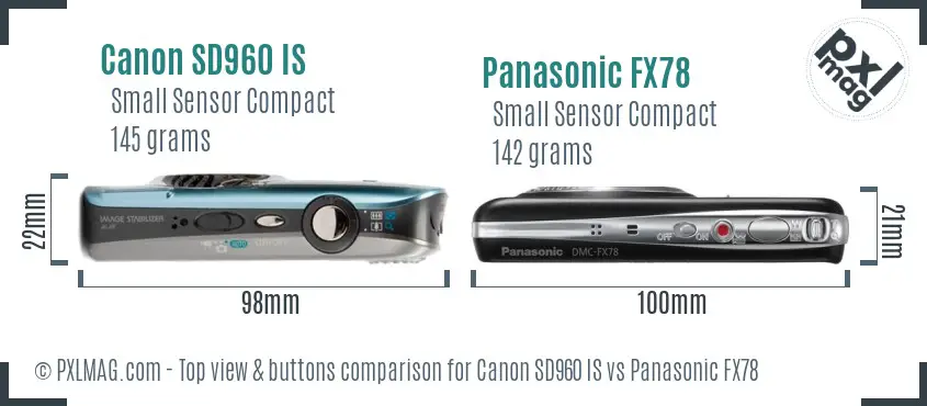 Canon SD960 IS vs Panasonic FX78 top view buttons comparison