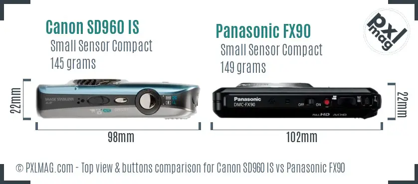 Canon SD960 IS vs Panasonic FX90 top view buttons comparison