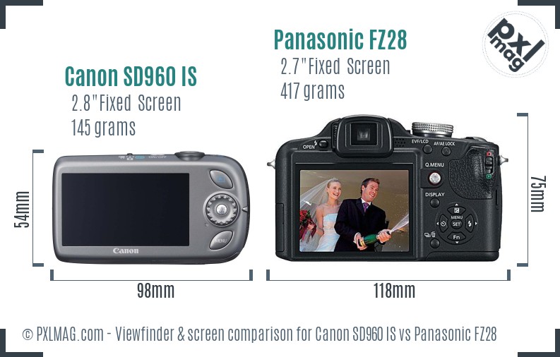 Canon SD960 IS vs Panasonic FZ28 Screen and Viewfinder comparison