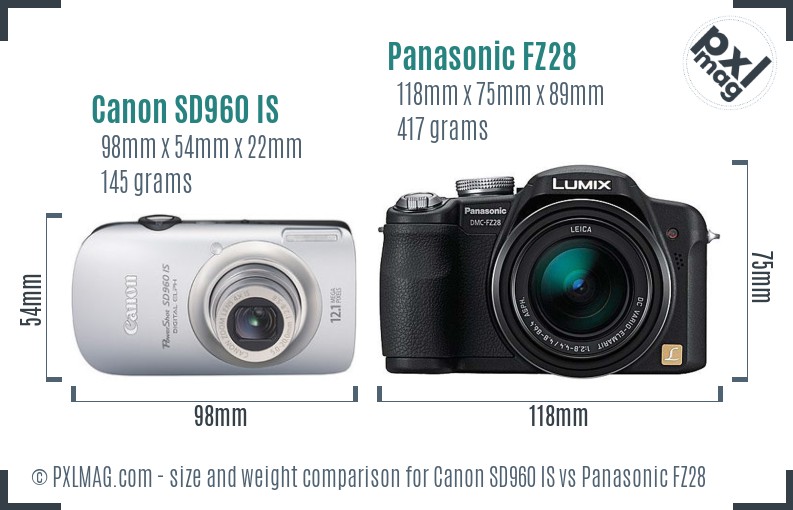 Canon SD960 IS vs Panasonic FZ28 size comparison Canon SD960 IS vs Panasonic FZ28 size comparison