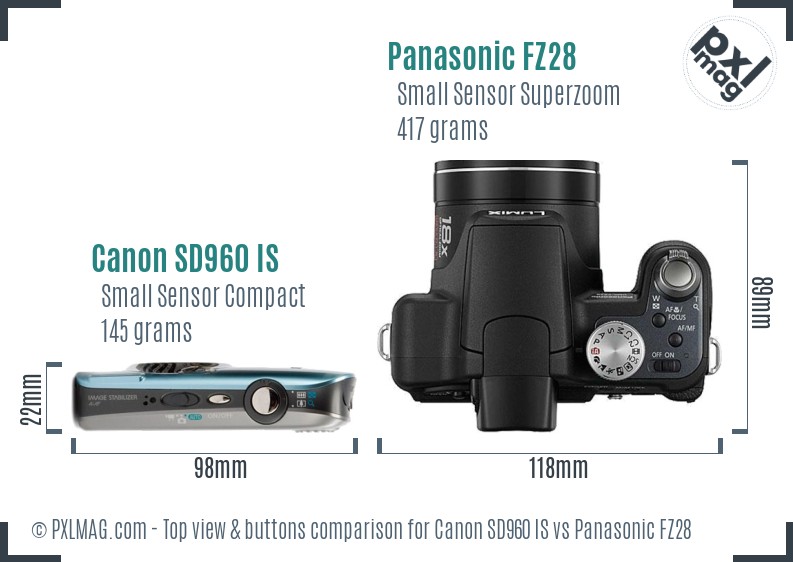 Canon SD960 IS vs Panasonic FZ28 top view buttons comparison