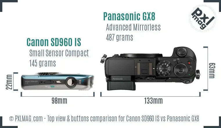 Canon SD960 IS vs Panasonic GX8 top view buttons comparison