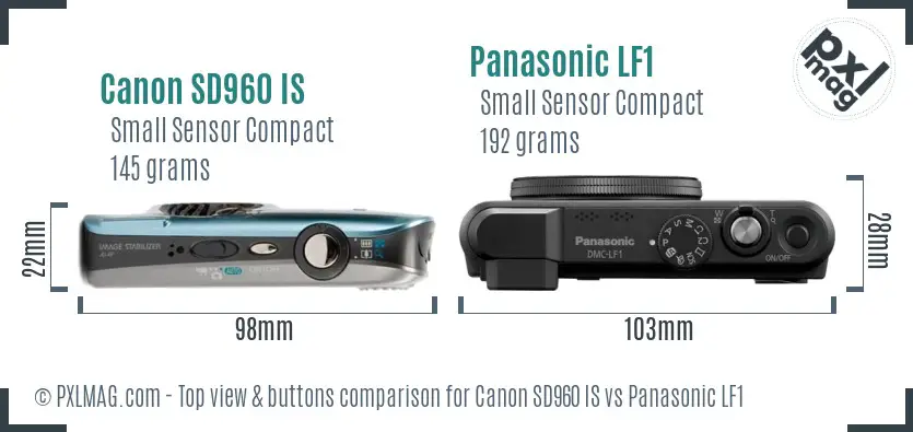 Canon SD960 IS vs Panasonic LF1 top view buttons comparison Canon SD960 IS vs Panasonic LF1 top view buttons comparison