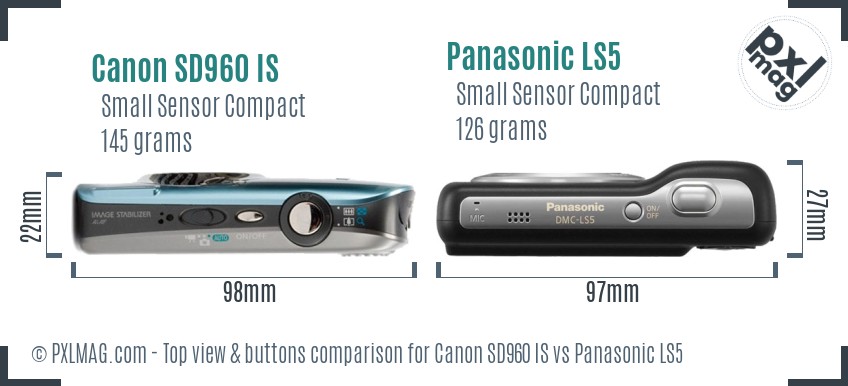 Canon SD960 IS vs Panasonic LS5 top view buttons comparison