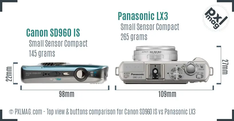 Canon SD960 IS vs Panasonic LX3 top view buttons comparison