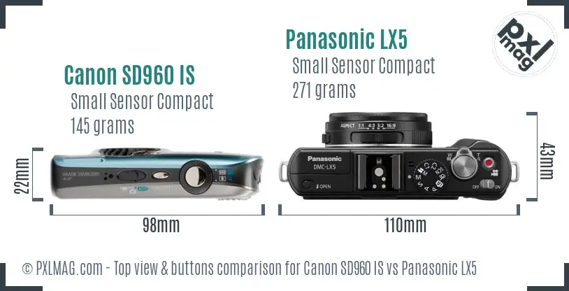Canon SD960 IS vs Panasonic LX5 top view buttons comparison
