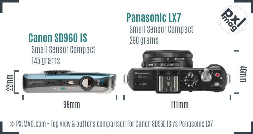 Canon SD960 IS vs Panasonic LX7 top view buttons comparison