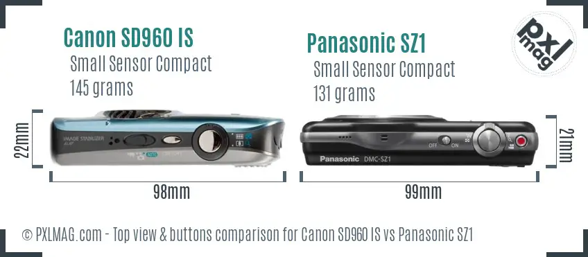 Canon SD960 IS vs Panasonic SZ1 top view buttons comparison