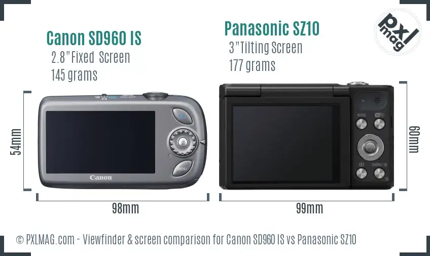 Canon SD960 IS vs Panasonic SZ10 Screen and Viewfinder comparison