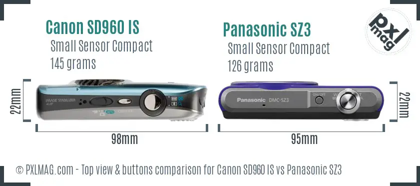 Canon SD960 IS vs Panasonic SZ3 top view buttons comparison Canon SD960 IS vs Panasonic SZ3 top view buttons comparison
