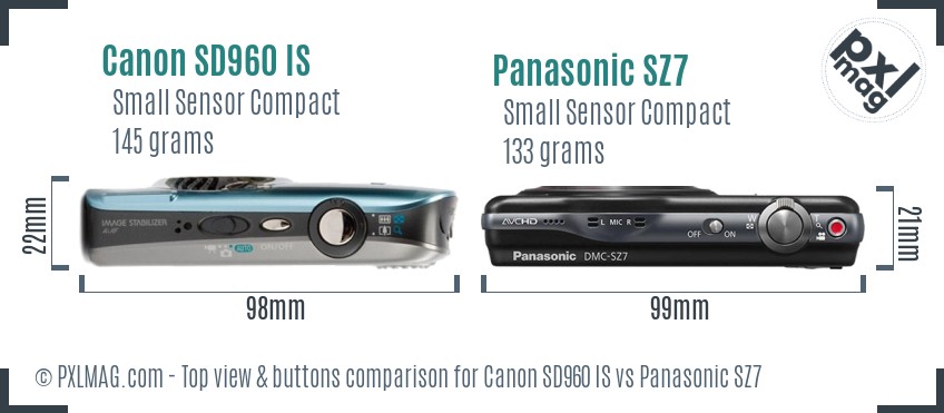 Canon SD960 IS vs Panasonic SZ7 top view buttons comparison
