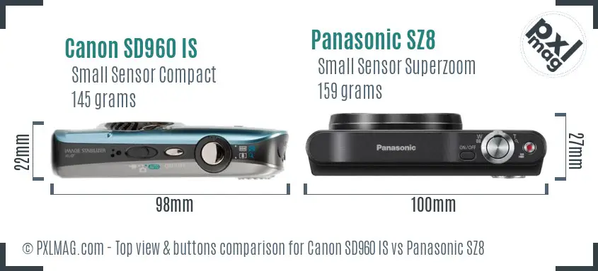 Canon SD960 IS vs Panasonic SZ8 top view buttons comparison Canon SD960 IS vs Panasonic SZ8 top view buttons comparison