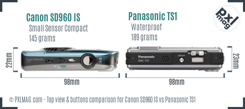 Canon SD960 IS vs Panasonic TS1 top view buttons comparison