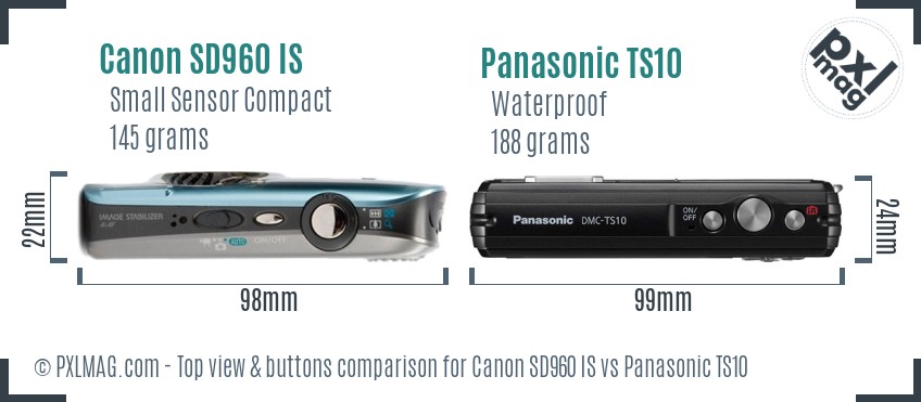 Canon SD960 IS vs Panasonic TS10 top view buttons comparison