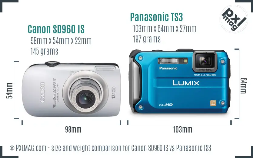 Canon SD960 IS vs Panasonic TS3 size comparison