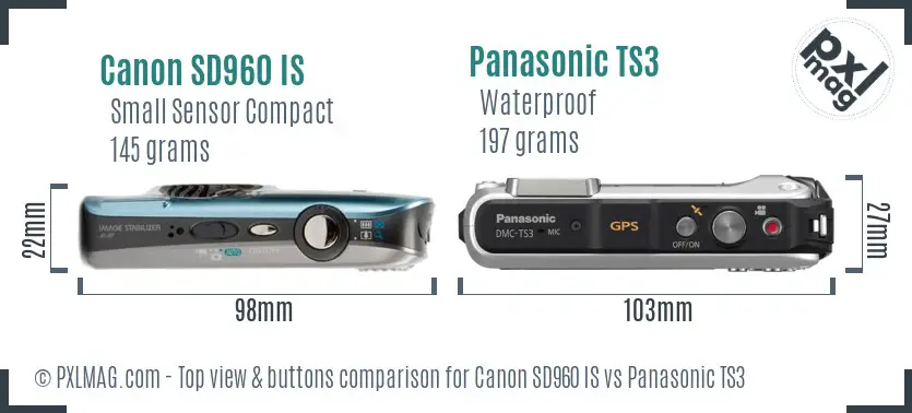 Canon SD960 IS vs Panasonic TS3 top view buttons comparison