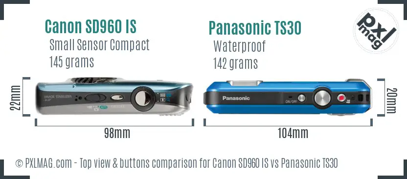 Canon SD960 IS vs Panasonic TS30 top view buttons comparison