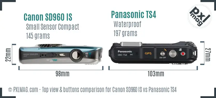 Canon SD960 IS vs Panasonic TS4 top view buttons comparison